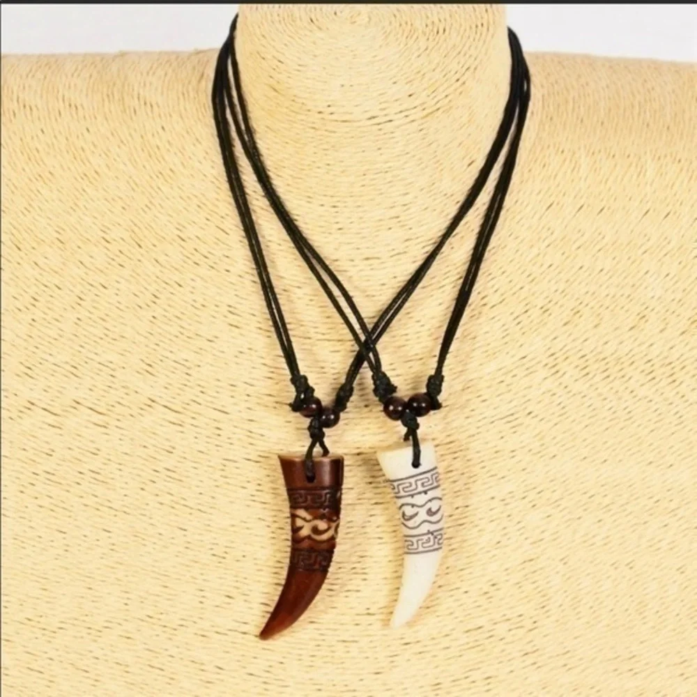 Imitation Bone Carved Tooth Pendant Necklace